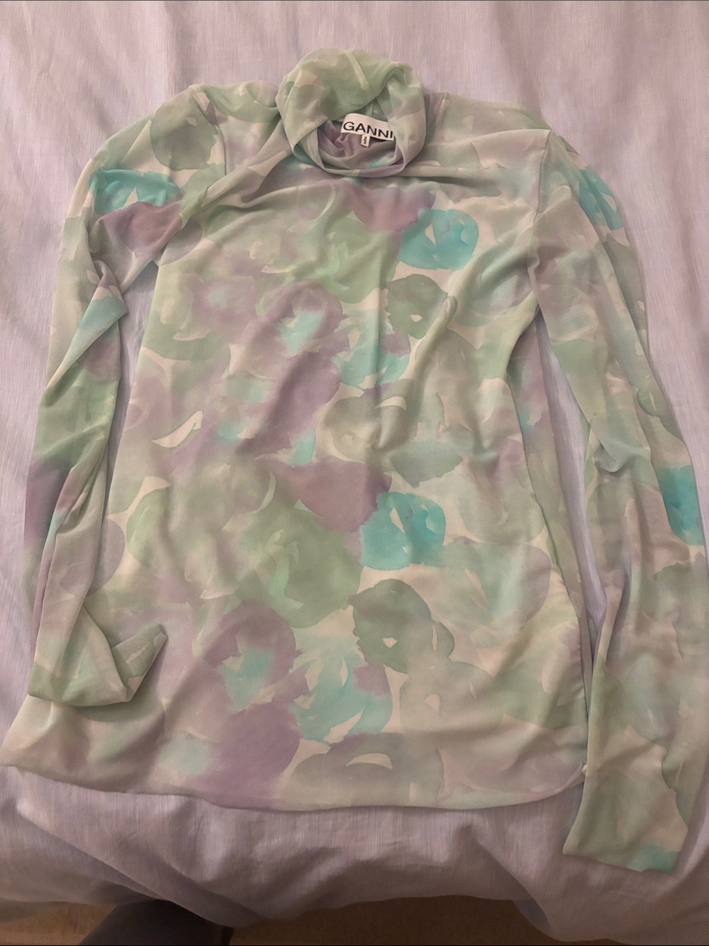 Ganni Kids' Sheer Pastel Floral Mock Neck Long Sleeve Top - Mint, Lavender, Aqua